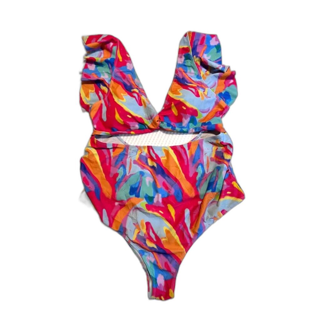 SWIM-Shein Abstract Ruffle Cutout Women's One Piece Swimsuit Multicolor XL